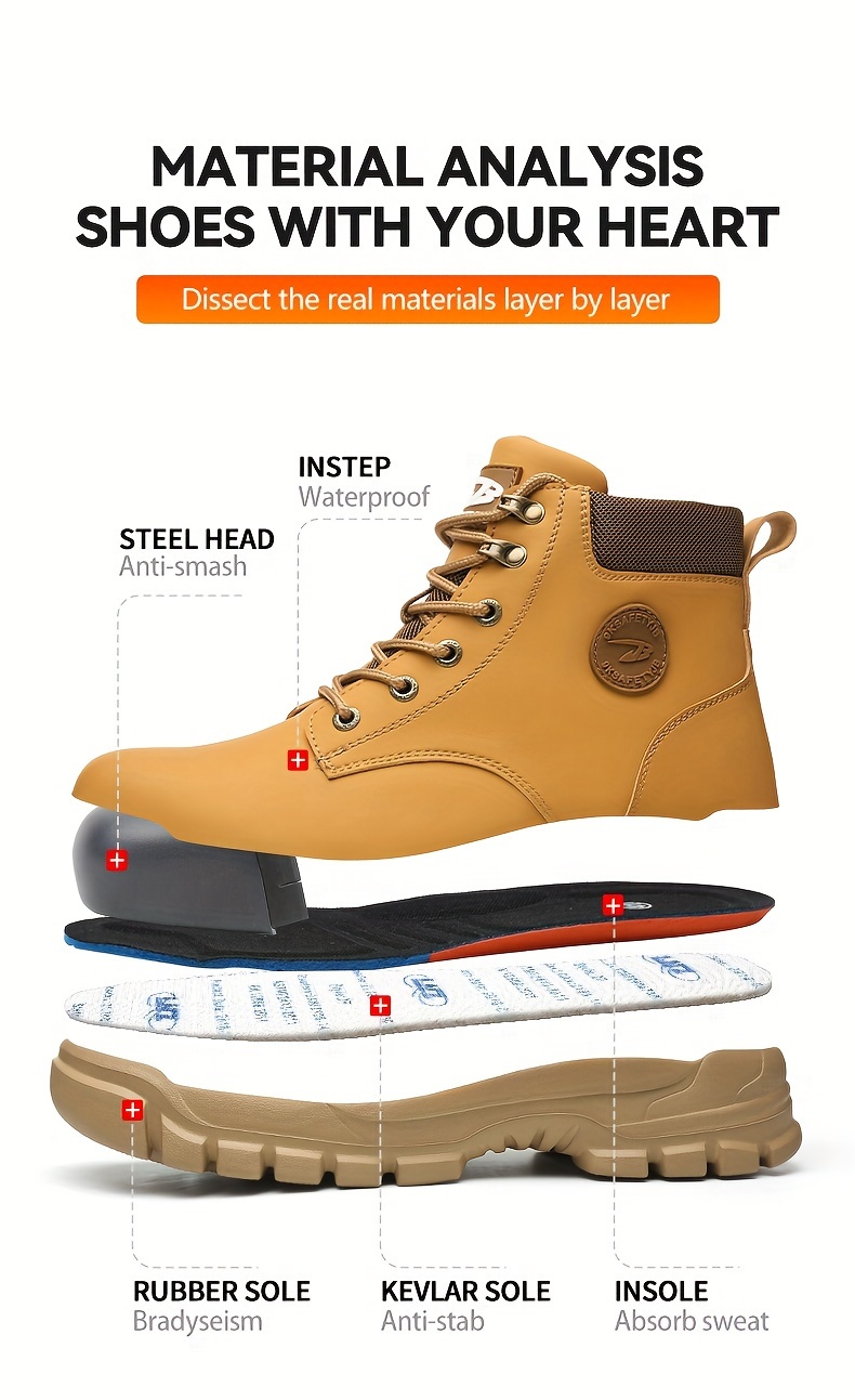 plus size mens trendy steel toe high top classic work boots comfy non slip durable shoes details 3
