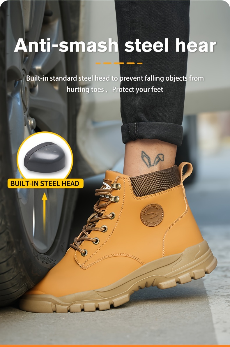 plus size mens trendy steel toe high top classic work boots comfy non slip durable shoes details 7