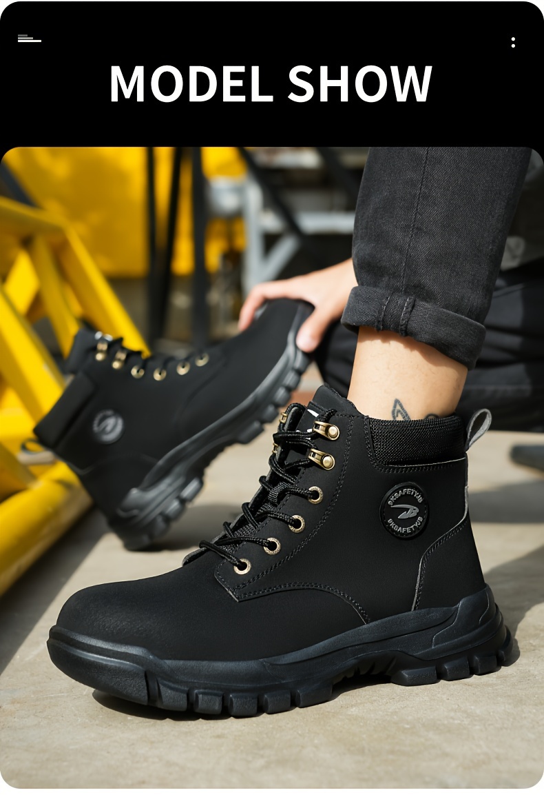 plus size mens trendy steel toe high top classic work boots comfy non slip durable shoes details 13