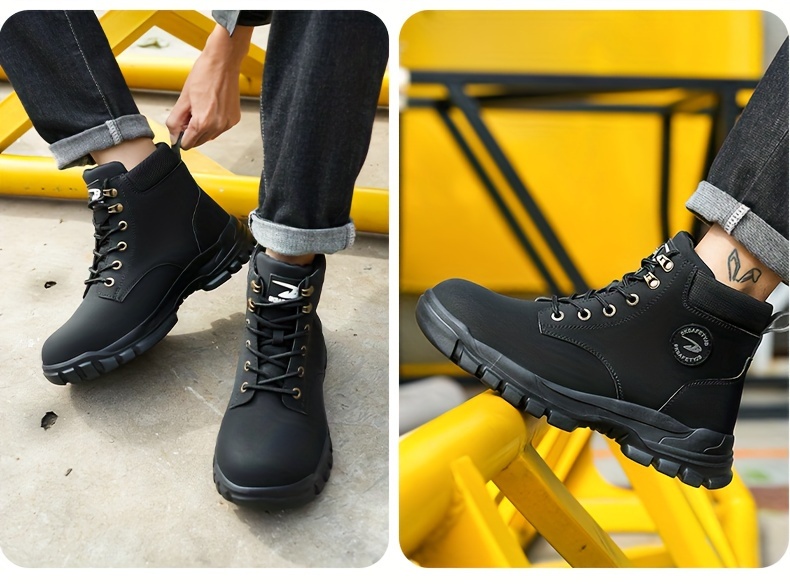 plus size mens trendy steel toe high top classic work boots comfy non slip durable shoes details 15