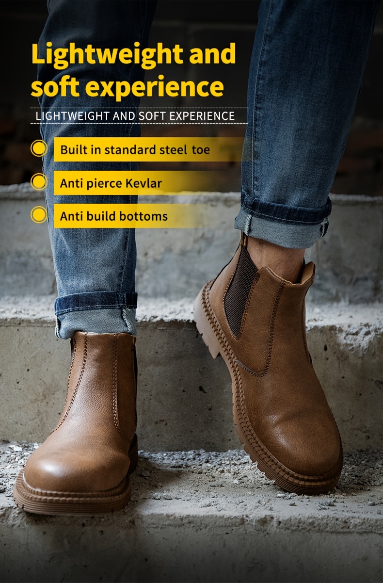 mens work safety boots puncture proof anti skid steel toe industrial construction outdoor work chelsea boots details 0