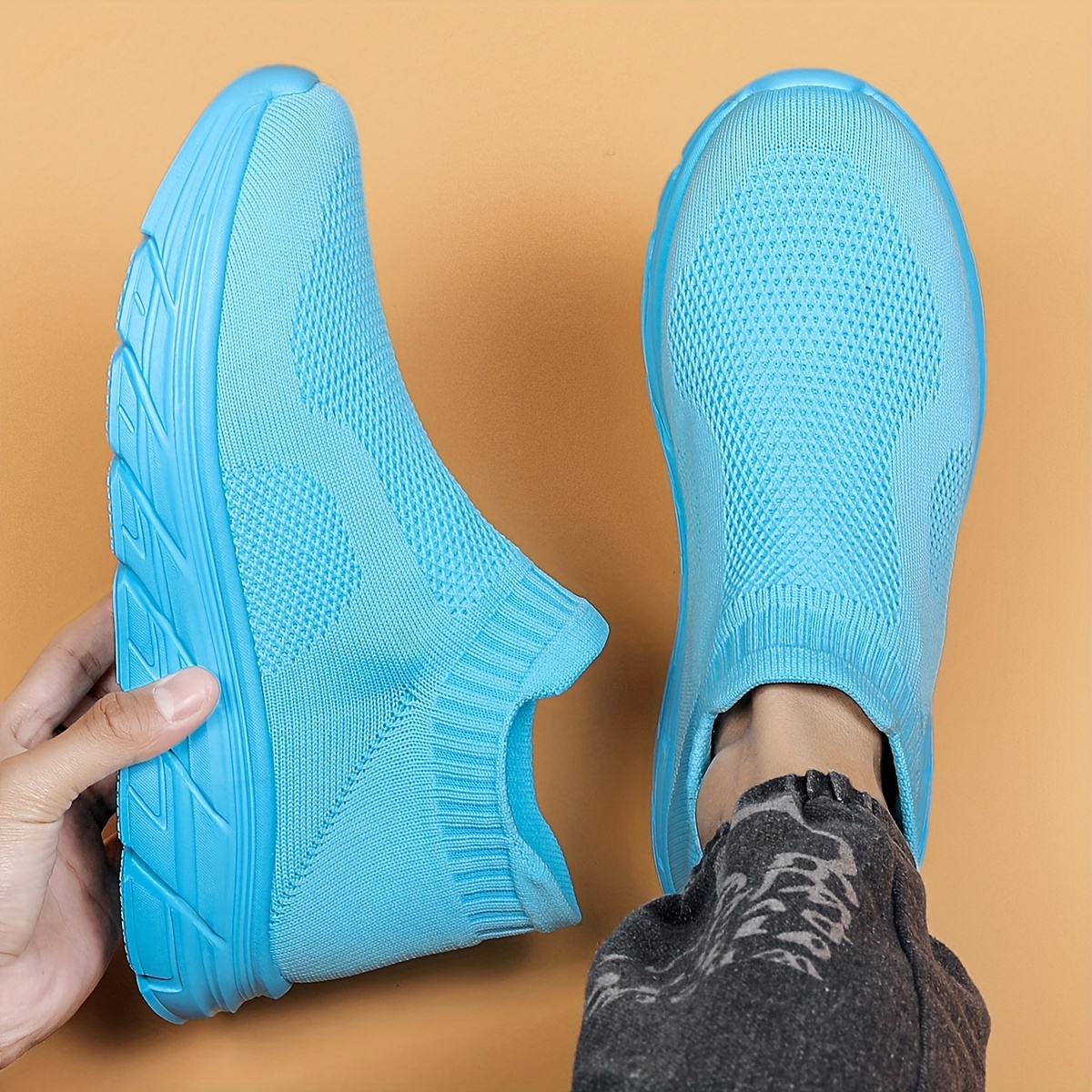 mens trendy solid woven knit sock shoes comfy non slip breathable soft sole sneakers for mens outdoor activities details 1