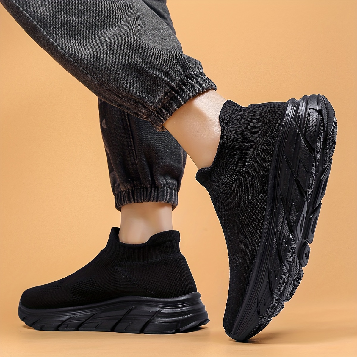 mens trendy solid woven knit sock shoes comfy non slip breathable soft sole sneakers for mens outdoor activities details 2