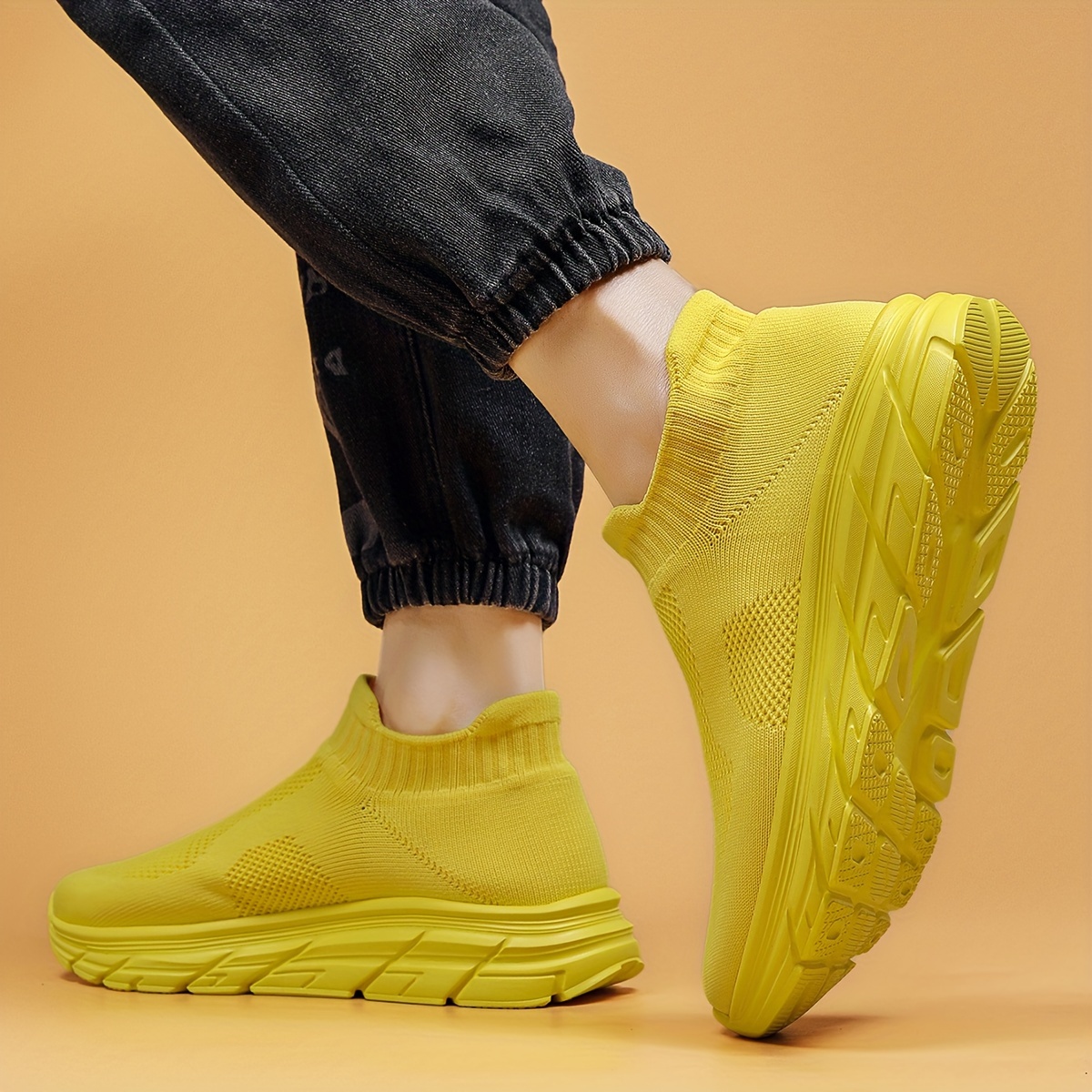 mens trendy solid woven knit sock shoes comfy non slip breathable soft sole sneakers for mens outdoor activities details 3