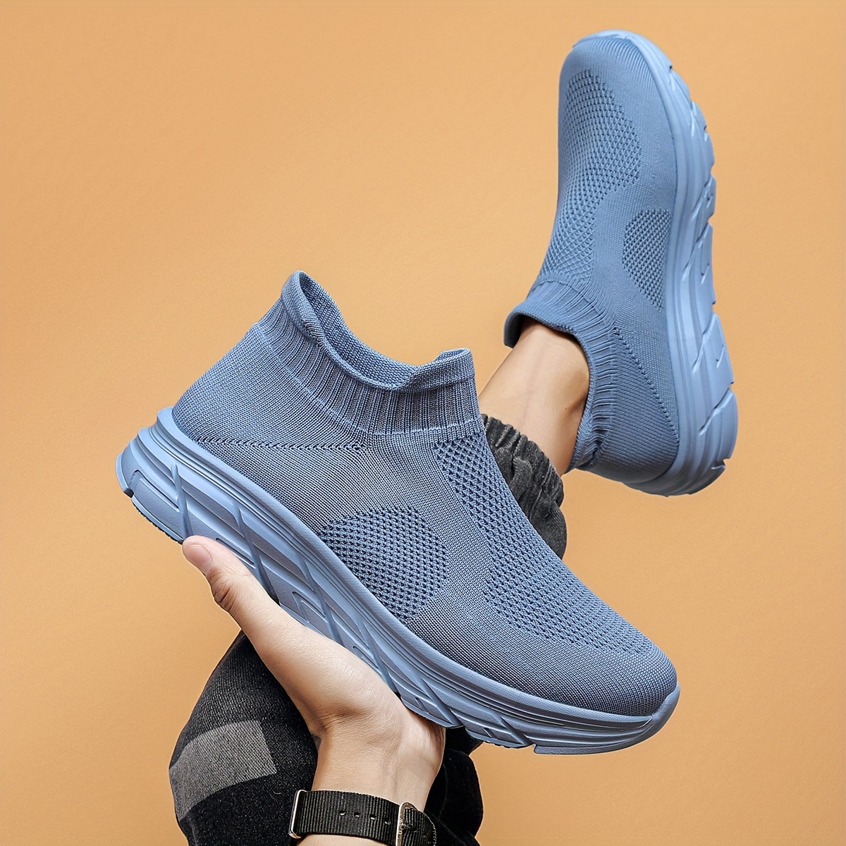 mens trendy solid woven knit sock shoes comfy non slip breathable soft sole sneakers for mens outdoor activities details 6