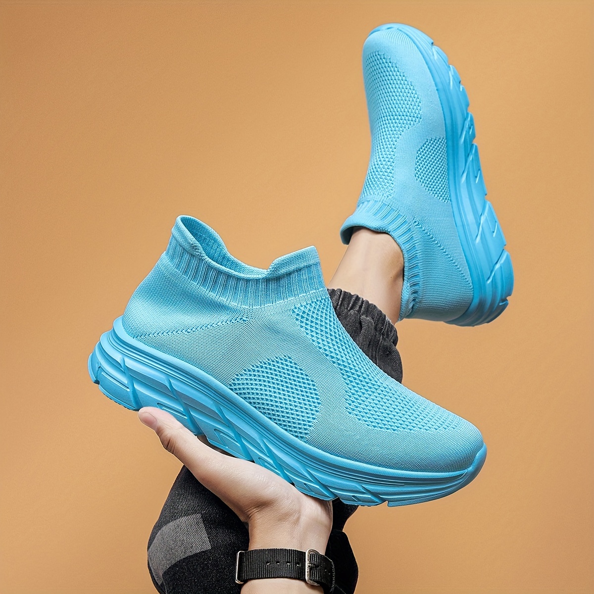 mens trendy solid woven knit sock shoes comfy non slip breathable soft sole sneakers for mens outdoor activities details 8