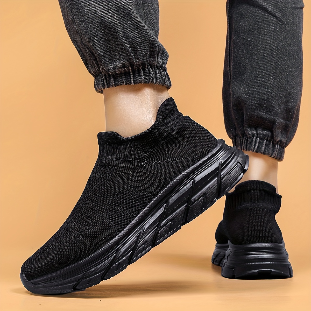 mens trendy solid woven knit sock shoes comfy non slip breathable soft sole sneakers for mens outdoor activities details 24