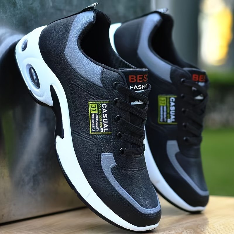mens trendy lace up sneakers waterproof anti skid casual shoes with pu leather uppers for outdoor walking jogging traveling details 1